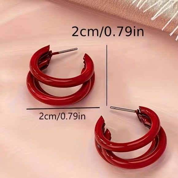Geometric C Shaped Red Hoop Earrings - Picture 4 of 4